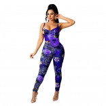 Blue Sleeveless Halter Low-Cut Mesh Printed Bodycons Sexy Jumpsuit