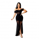 Black Off-Shoulder Low-CUT Mesh Women Maxi Evening Dress