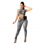 Grey Sleeveless O-Neck Hollow-out Printed Sexy Jumpsuit