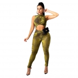 Yellow Sleeveless O-Neck Hollow-out Printed Sexy Jumpsuit