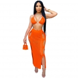 Orange Sleeveless V-Neck Halter Nets Sexy Women Clubwear