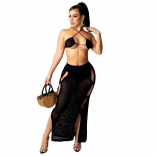Black Sleeveless V-Neck Halter Nets Sexy Women Clubwear