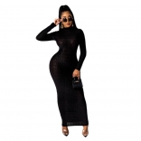 Black Long Sleeve O-Neck Printed Bodycons Midi Dress