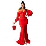 Red Long Sleeve Zipper V-Neck Off-Shoulder Sexy Evening Dress