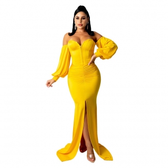 Yellow Long Sleeve Zipper V-Neck Off-Shoulder Sexy Evening Dress