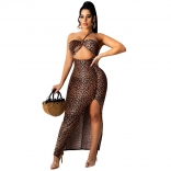 Brown Sleeveless Off-Shoulder Leopard Printed Mdi Dress