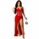 Red Off-Shoulder V-Neck Sequins Pearls Mesh Maxi Dress
