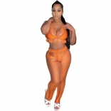 Orange Sleeveless V-Neck Knitting Nets Women Jumpsuit
