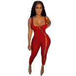 Red Halter Low-Cut Lace-up Bandage Women Sexy Jumpsuit