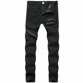 Black Zipper Jeans Hole Men's Fashion Trousers