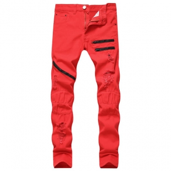 Red Zipper Jeans Hole Men's Fashion Trousers