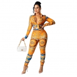 Yellow Long Sleeve V-Neck Printed Bodycons Women Sexy Jumpsuit