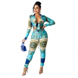 Blue Long Sleeve V-Neck Printed Bodycons Women Sexy Jumpsuit