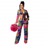 Red Long Sleeve V-Neck Hollow-out Women Printed Jumpsuit