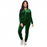 Green Long Sleeve V-Neck Zipper Velvet Women Catsuit Dress