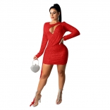 Red Long Sleeve Deep V-Neck Sequins Women Bodycons Dress