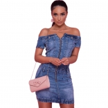 Blue Off-Shoulder Zipper Jeans Sexy Mini Dress