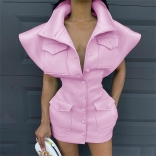 Pink Deep V-Neck Buttom Scuba Knitting Women Mini Dress