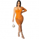 Orange One-Sleeve Mesh Sexy Rhinestones Bodycons Mini Dress