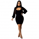 Black Long Sleeve Halter Low-Cut Cotton Bodycons Mini Dress