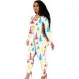 White Long Sleeve Hollow-out Printed Christmas Sexy Jumpsuit