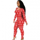 Red Long Sleeve Hollow-out Printed Christmas Sexy Jumpsuit