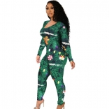 Green Long Sleeve Hollow-out Printed Christmas Sexy Jumpsuit