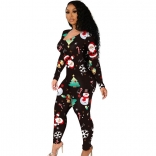 Black Long Sleeve Hollow-out Printed Christmas Sexy Jumpsuit