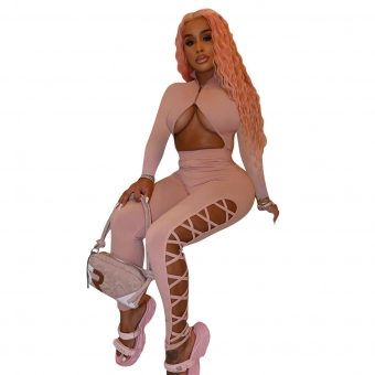 Pink Long Sleeve Zipper Hollow-out Sexy Bandage Jumpsuit