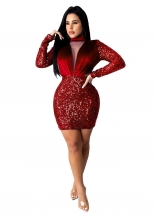 Red Long Sleeve Mesh V-Neck Velvet Sequins Mini Dress