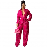 Red Long Sleeve Button Deep V-Neck Printed Women Jumpsuit
