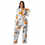 White Long Sleeve Button Deep V-Neck Printed Women Jumpsuit