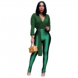 Green Long Sleeve V-Neck Women Fashion Club Jumpsuit