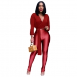 Red Long Sleeve V-Neck Women Fashion Club Jumpsuit