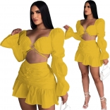 Yellow Lantern Sleeve Hollow-out Halter Pleated Sexy Skirt Dress