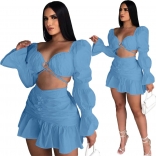 Blue Lantern Sleeve Hollow-out Halter Pleated Sexy Skirt Dress