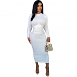 White Long Sleeve O-Neck Leather Corsets Zipper Women Midi Dress