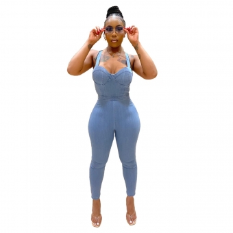 Blue Sleeveless Halter V-Neck Jeans Women Bodycons Sexy Jumpsuit