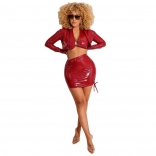 Red Long Sleeve Leather Bra Sexy 3PCS Sets Bodycon Mini Dress