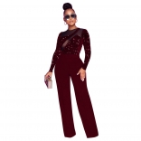 Red Long Sleeve Mesh Sequins Women Fashion Jumpsuit