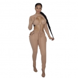 Beige Long Sleeve Hollow-out Sexy Jumpsuit