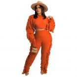 Orange Long Sleeve Tassels O-Neck Knitting Women Fashion Jumpsuit