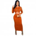 Orange Long Sleeve O-Neck Hollwo-out Corset Sexy Midi Dress