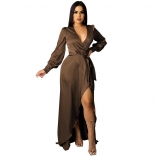 Brown Long Sleeve Deep V-Neck Women Fashion Jersey Dress
