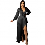 Black Long Sleeve Deep V-Neck Women Fashion Jersey Dress
