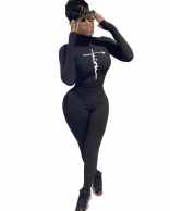 Black Long Sleeve O-Neck Printed Fashion Women Sport Dress