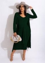 Green Long Sleeve Fashin Coat Bodycons Women Midi Dress Set