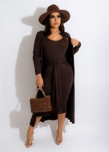 Coffee Long Sleeve Fashin Coat Bodycons Women Midi Dress Set