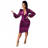 Purple Long Sleeve Deep V-Neck Gilded Bodycons Clubwear