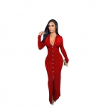 Red Long Sleeve V-Neck Button Sexy Midi Dress